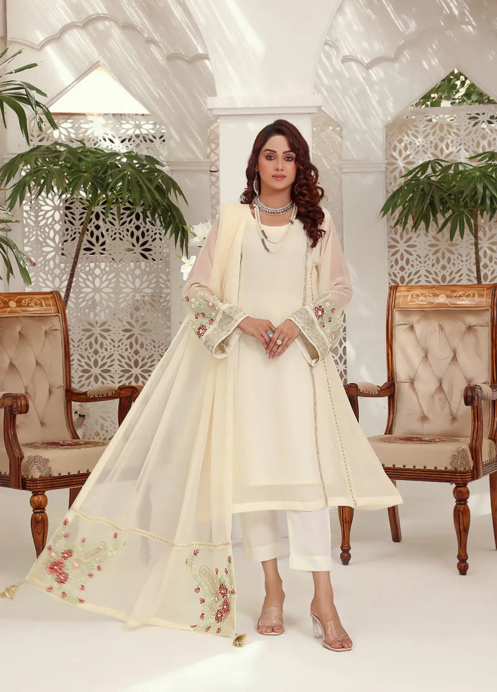 Abaan Zohan Pret Embroidered Chiffon 3 Piece Suit Zeenia Off white