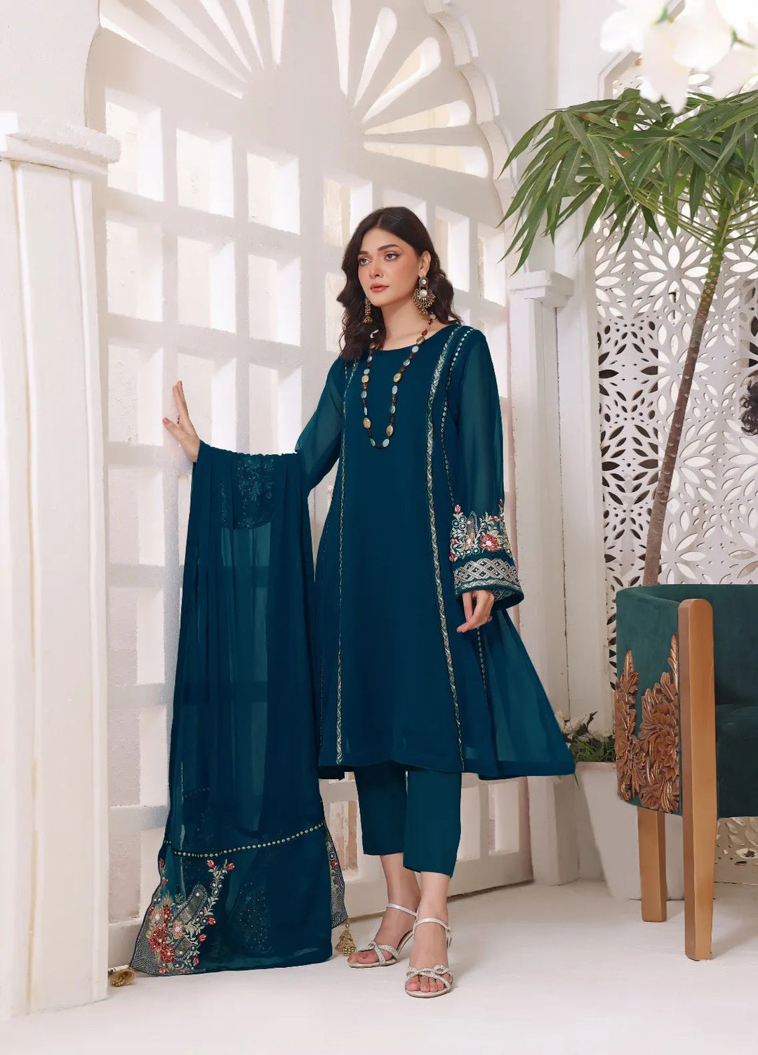 Abaan Zohan Pret Embroidered Chiffon 3 Piece Suit Zeenia peacock