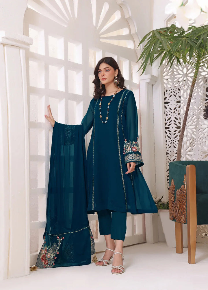 Abaan Zohan Pret Embroidered Chiffon 3 Piece Suit Zeenia peacock