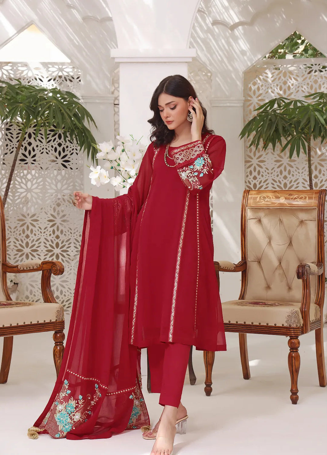 Abaan Zohan Pret Embroidered Chiffon 3 Piece Suit Zeenia Red