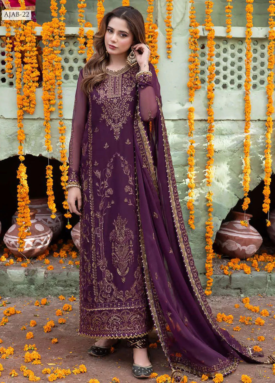 Abresham By Asim Jofa Embroidered Chiffon Unstitched Suit 3 Piece AJ23AB AJAB-22 - Luxury Festive Collection