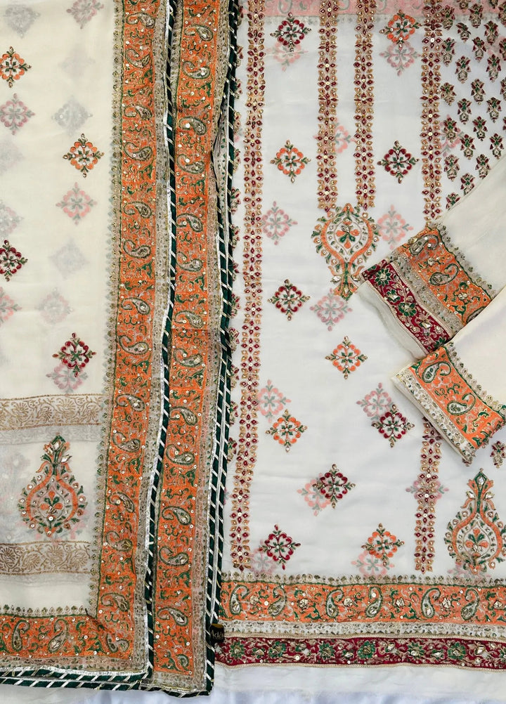 Adaa By Mahnoor Embellished Chiffon Suits Unstitched 3 Piece Suit Bright Cream - Festive Collection