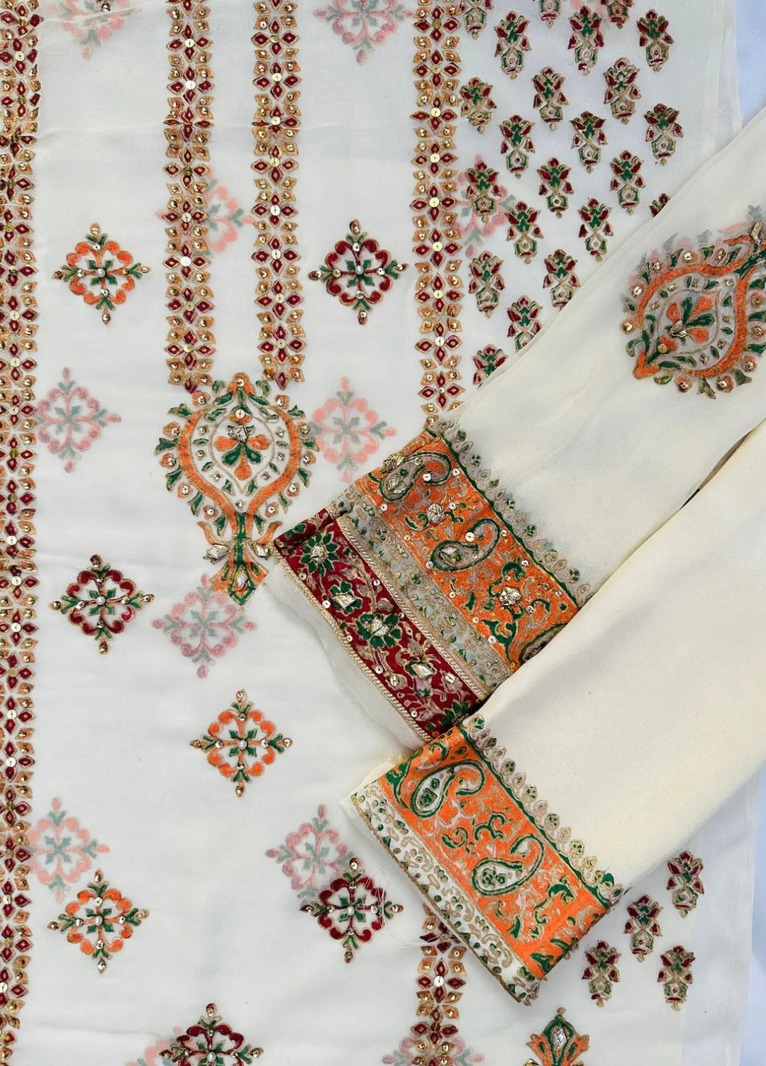 Adaa By Mahnoor Embellished Chiffon Suits Unstitched 3 Piece Suit Bright Cream - Festive Collection