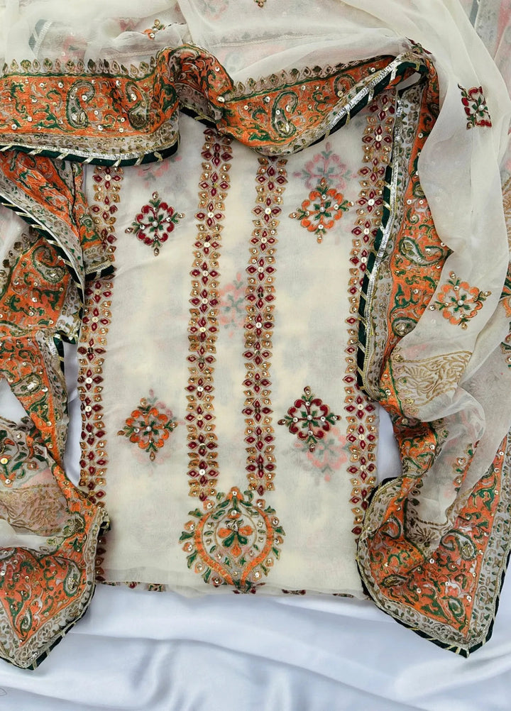 Adaa By Mahnoor Embellished Chiffon Suits Unstitched 3 Piece Suit Bright Cream - Festive Collection