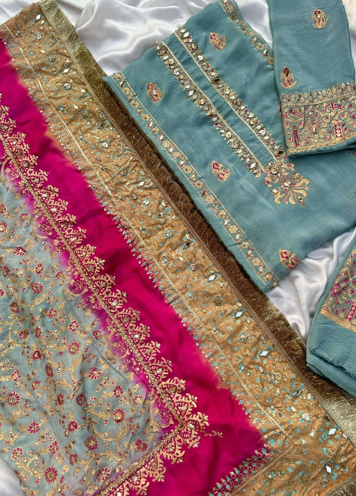 Adaa by Mahnoor Embellished Raw Silk Suits Unstitched 3 Piece Sky - Festive Collection