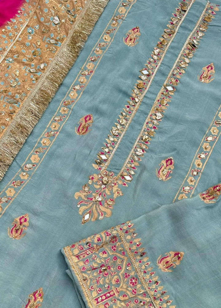Adaa by Mahnoor Embellished Raw Silk Suits Unstitched 3 Piece Sky - Festive Collection
