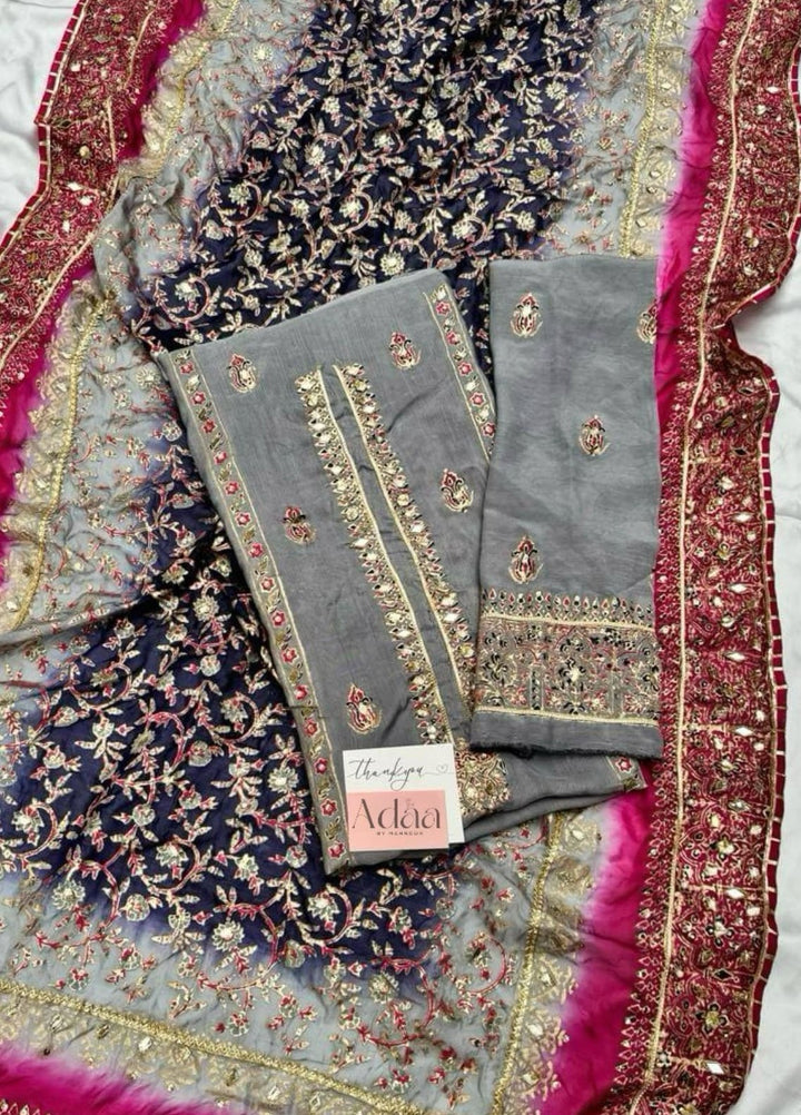 Adaa by Mahnoor Embellished Raw Silk Suits Unstitched 3 Piece Slate Gray - Festive Collection