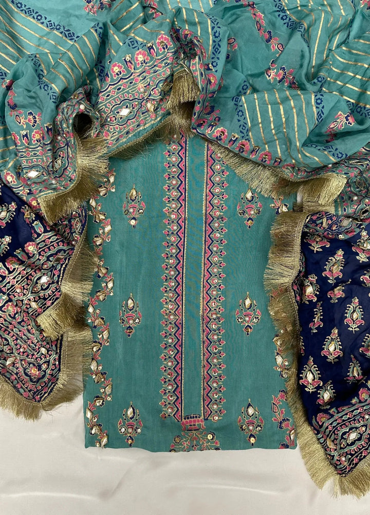 Adaa By Mahnoor Embellished Raw Silk Suits Unstitched 3 Piece Suit Aqua - Festive Collection