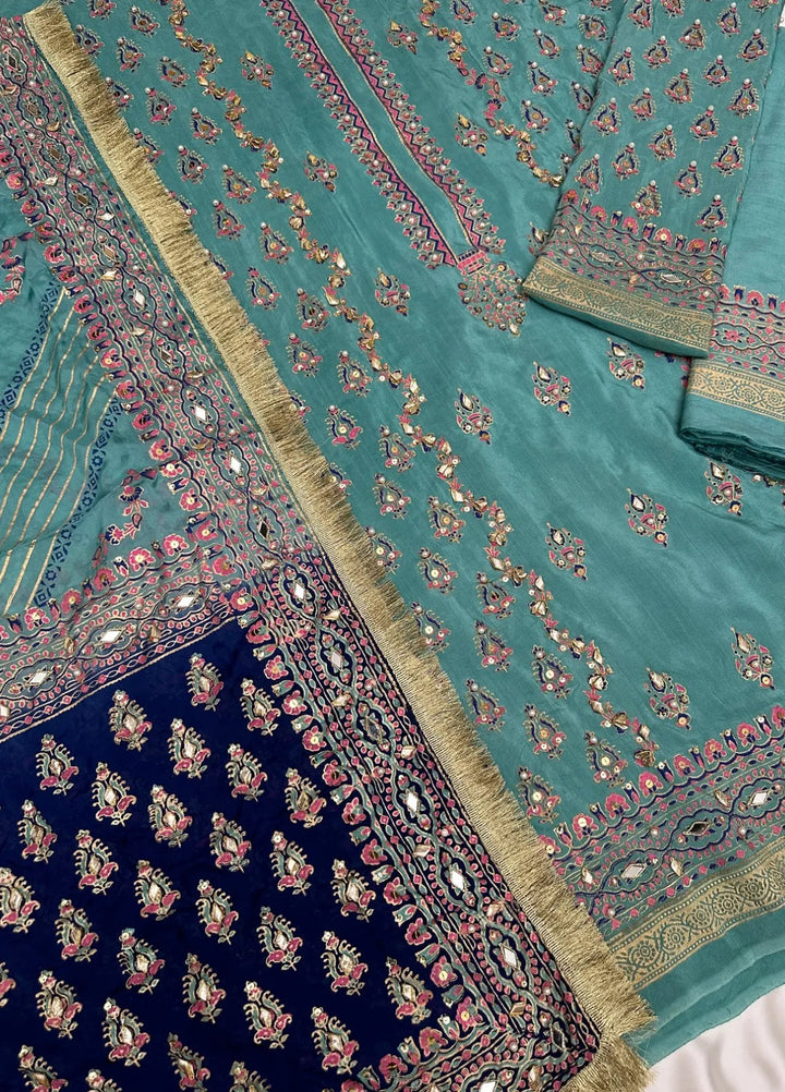Adaa By Mahnoor Embellished Raw Silk Suits Unstitched 3 Piece Suit Aqua - Festive Collection