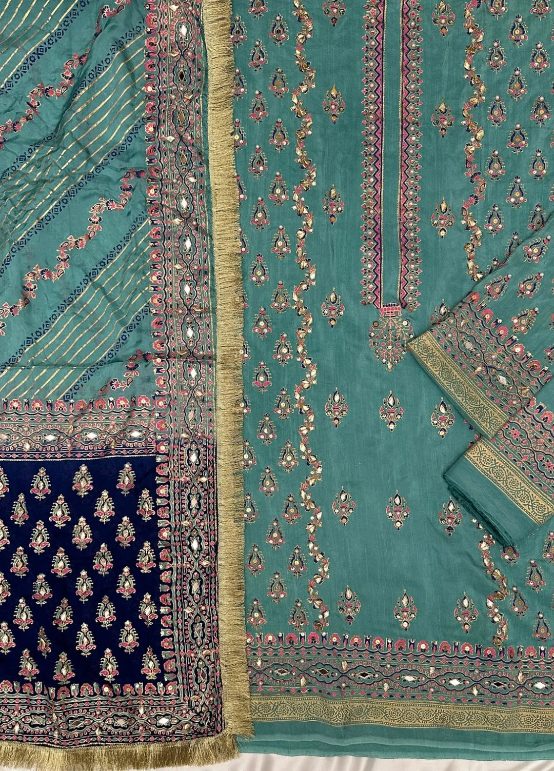 Adaa By Mahnoor Embellished Raw Silk Suits Unstitched 3 Piece Suit Aqua - Festive Collection