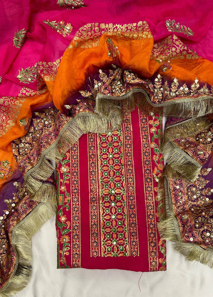 Adaa By Mahnoor Embellished Raw Silk Suits Unstitched 3 Piece Suit Bright Pink - Festive Collection