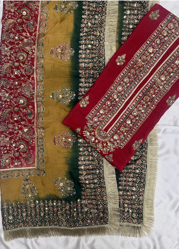 Adaa By Mahnoor Embroidered Raw Silk Suits Unstitched 3 Piece Carmine - Festive Collection