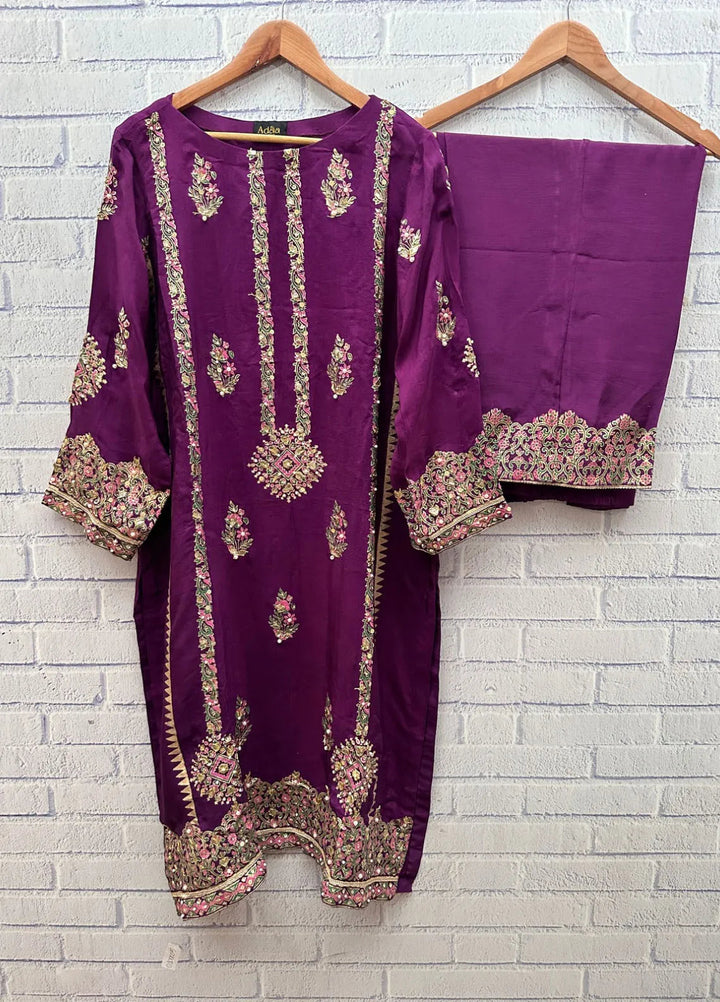Adaa By Mahnoor Embroidered Raw Silk Suits Unstitched 3 Piece Mulberry - Festive Collection