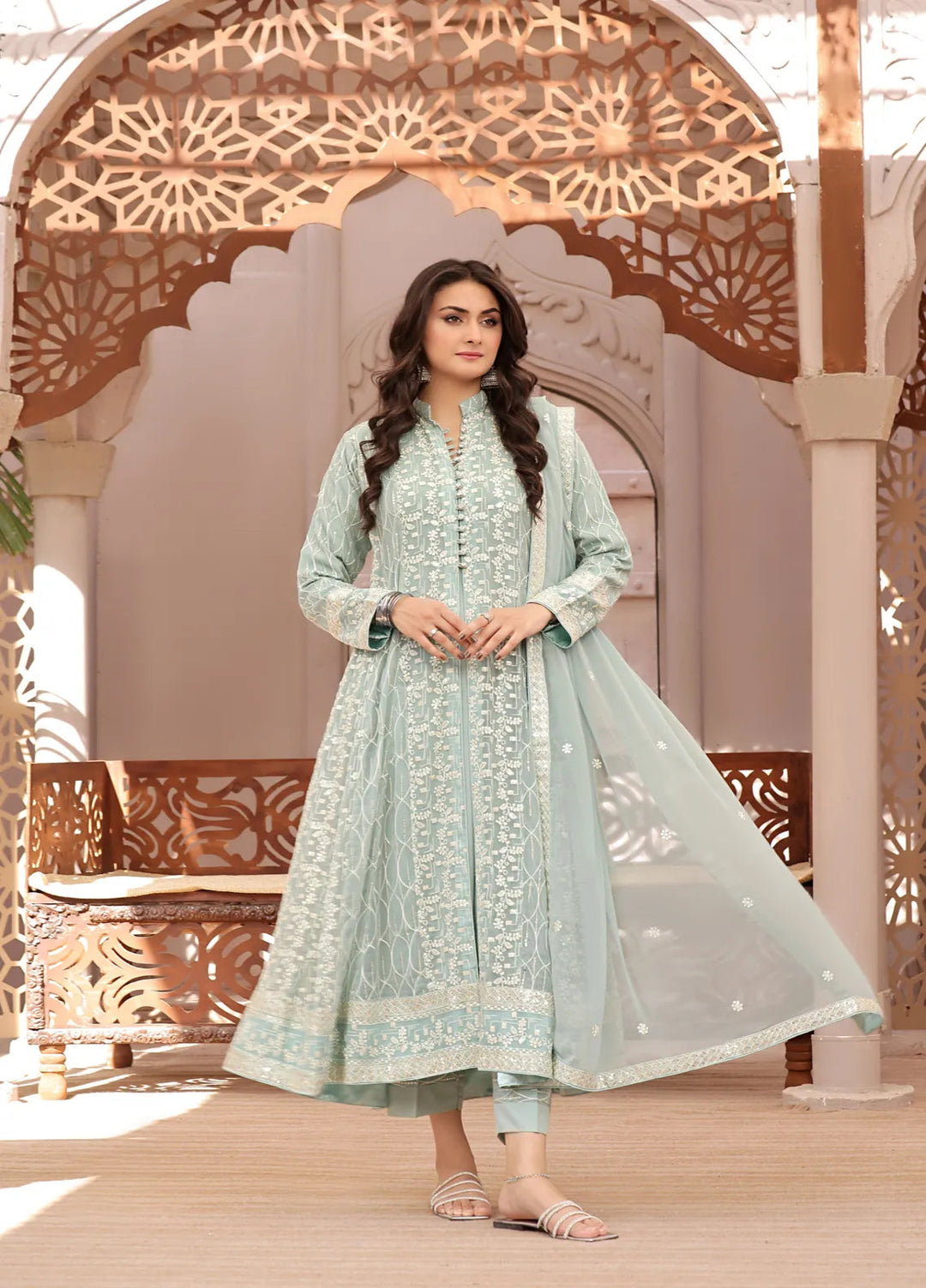 Adams Couture Pret Embroidered Chiffon 3 Piece Suit Bahar Light Blue