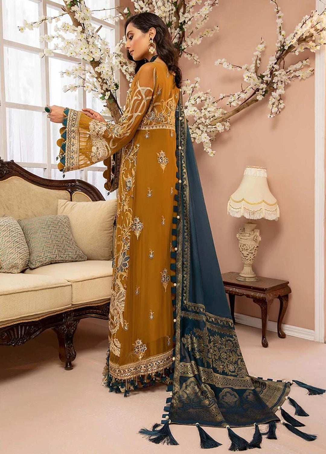Luxulia By Adan's Libas Embroidered Chiffon Suits Unstitched 3 Piece AL21LC 01 Saffron Charm - Luxury Collection