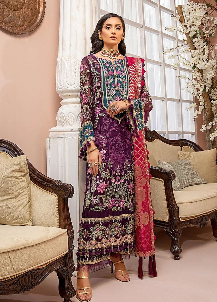 Luxulia By Adan's Libas Embroidered Chiffon Suits Unstitched 3 Piece AL21LC 07 Berry Plum - Luxury Collection