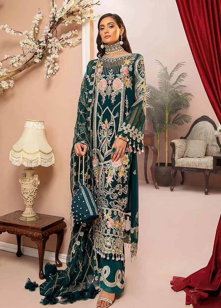 Luxulia By Adan's Libas Embroidered Chiffon Suits Unstitched 3 Piece AL21LC 10 Forest Green - Luxury Collection