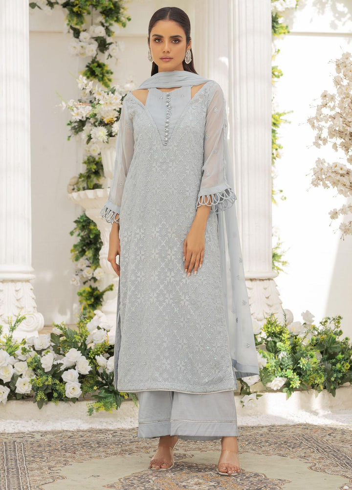 Afreen By Shamooz Embroidered Chiffon Suits Unstitched 3 Piece SHM23A SU-046 Light Blue Grey - Festive Collection