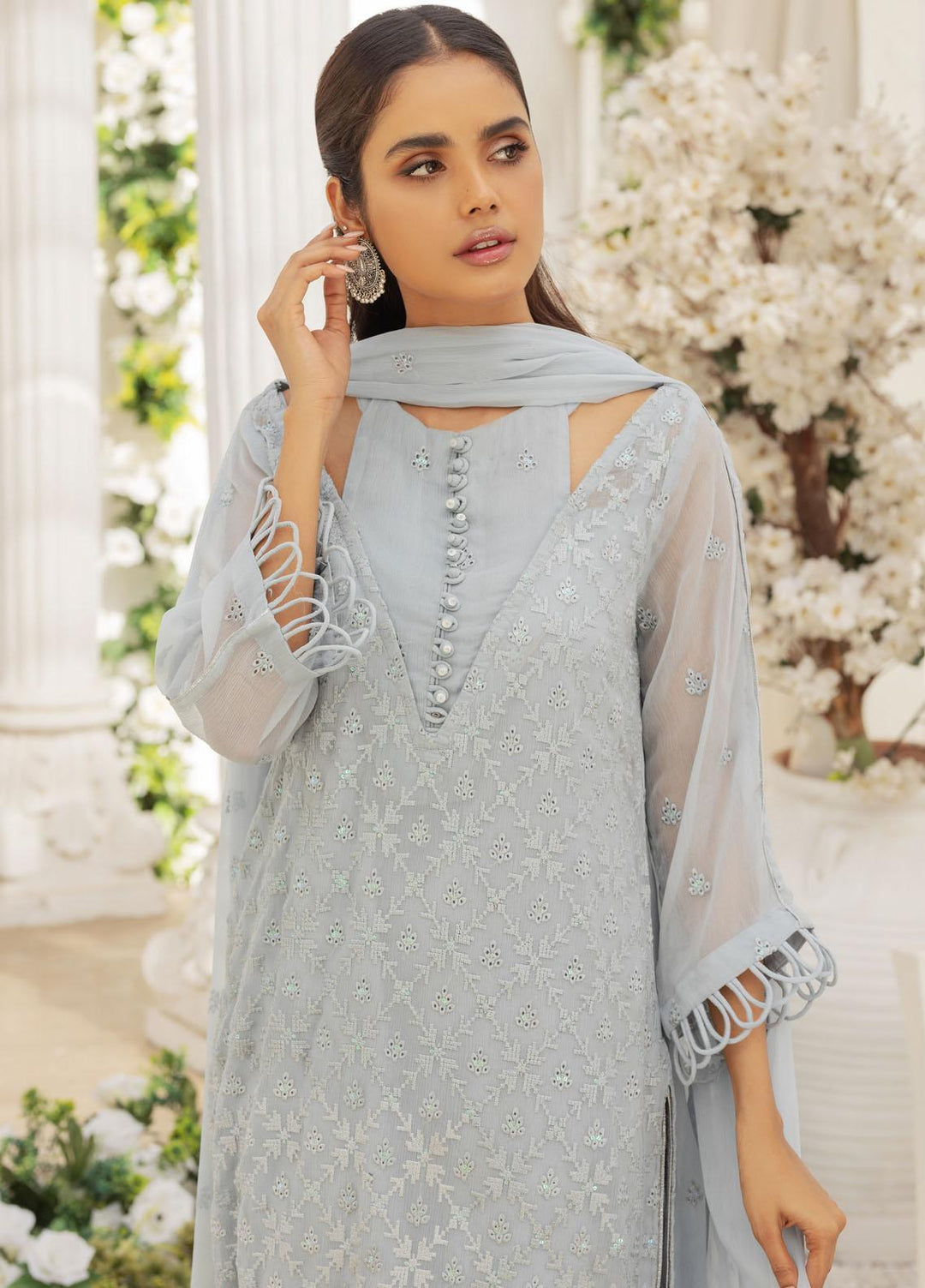 Afreen By Shamooz Embroidered Chiffon Suits Unstitched 3 Piece SHM23A SU-046 Light Blue Grey - Festive Collection