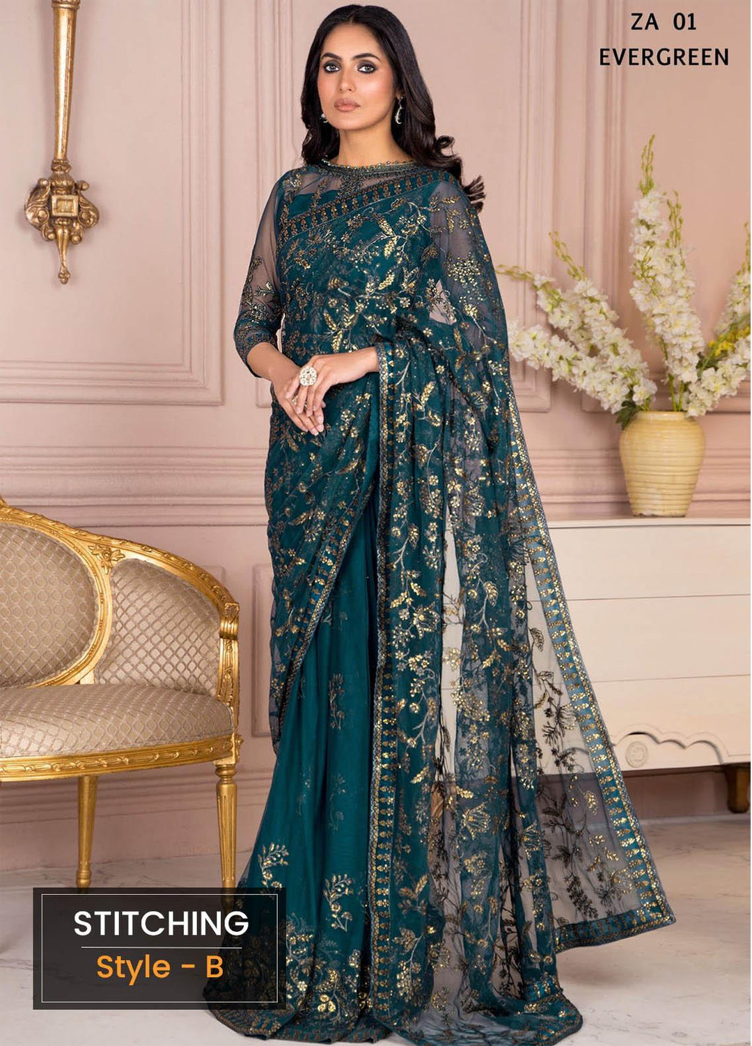 Afreen by Zarif Embroidered  Suits Unstitched 3 Piece ZR25UF ZA-01 Evergreen - Formal Collection