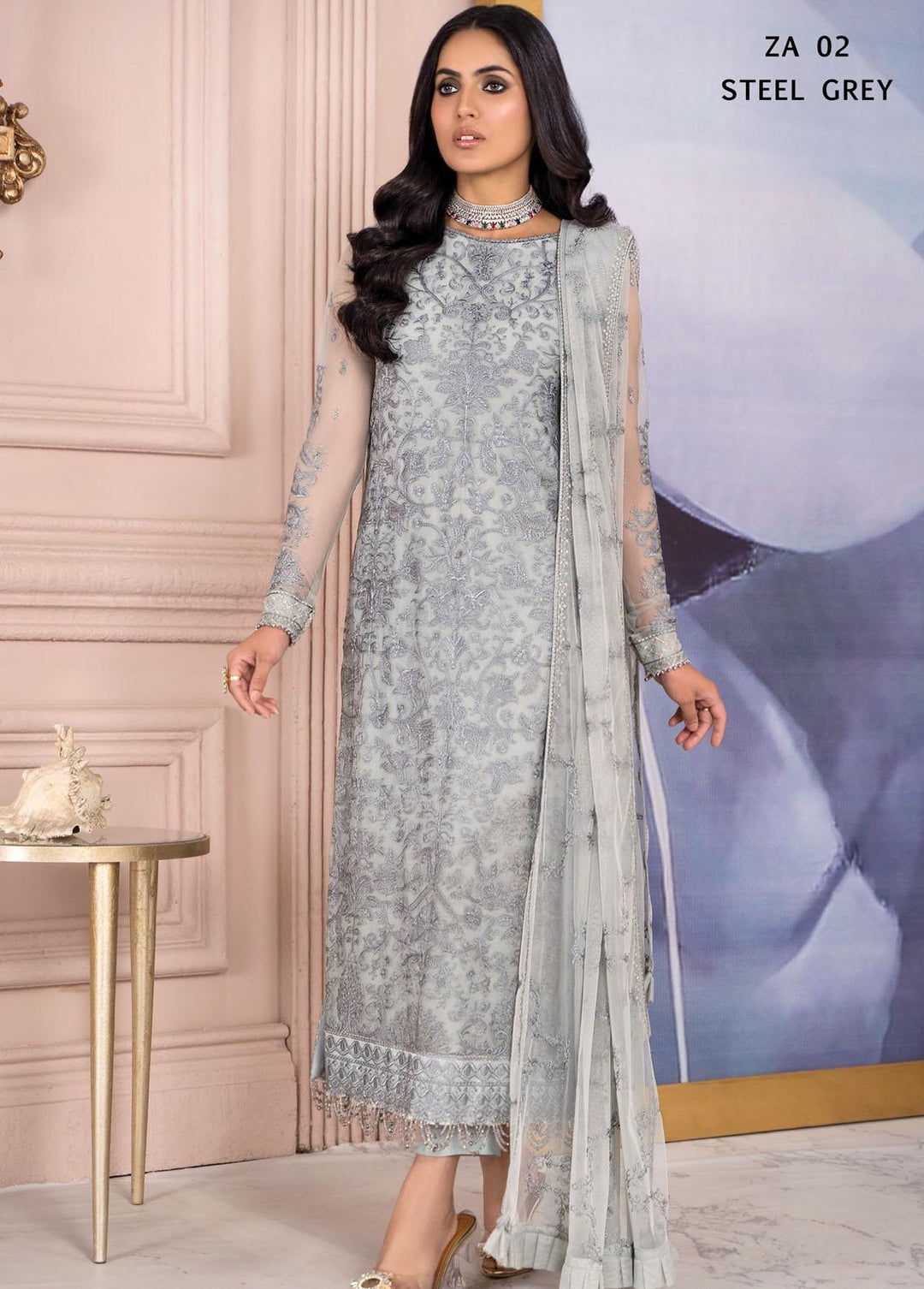 Afreen by Zarif Embroidered  Suits Unstitched 3 Piece ZF23A ZA-02 Steel Grey - Formal Collection