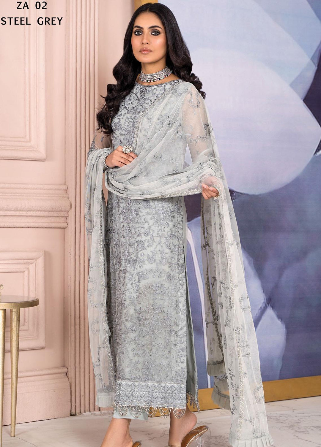 Afreen by Zarif Embroidered  Suits Unstitched 3 Piece ZF23A ZA-02 Steel Grey - Formal Collection