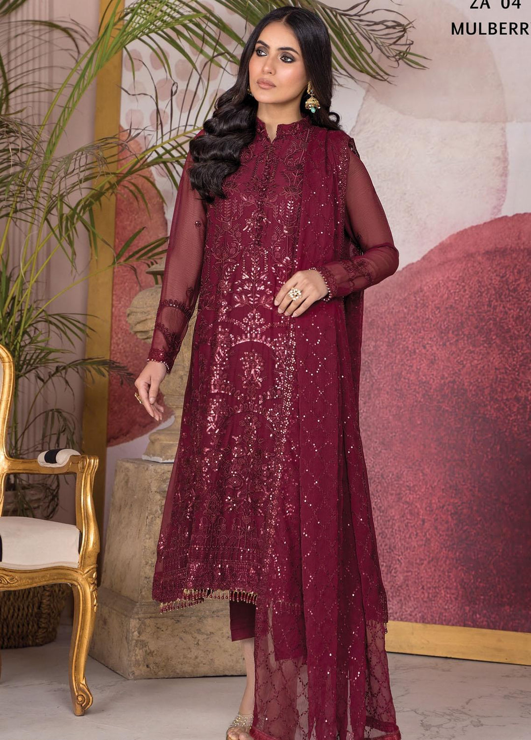 Afreen by Zarif Embroidered  Suits Unstitched 3 Piece ZR25UF ZA-04 Mulberry - Formal Collection