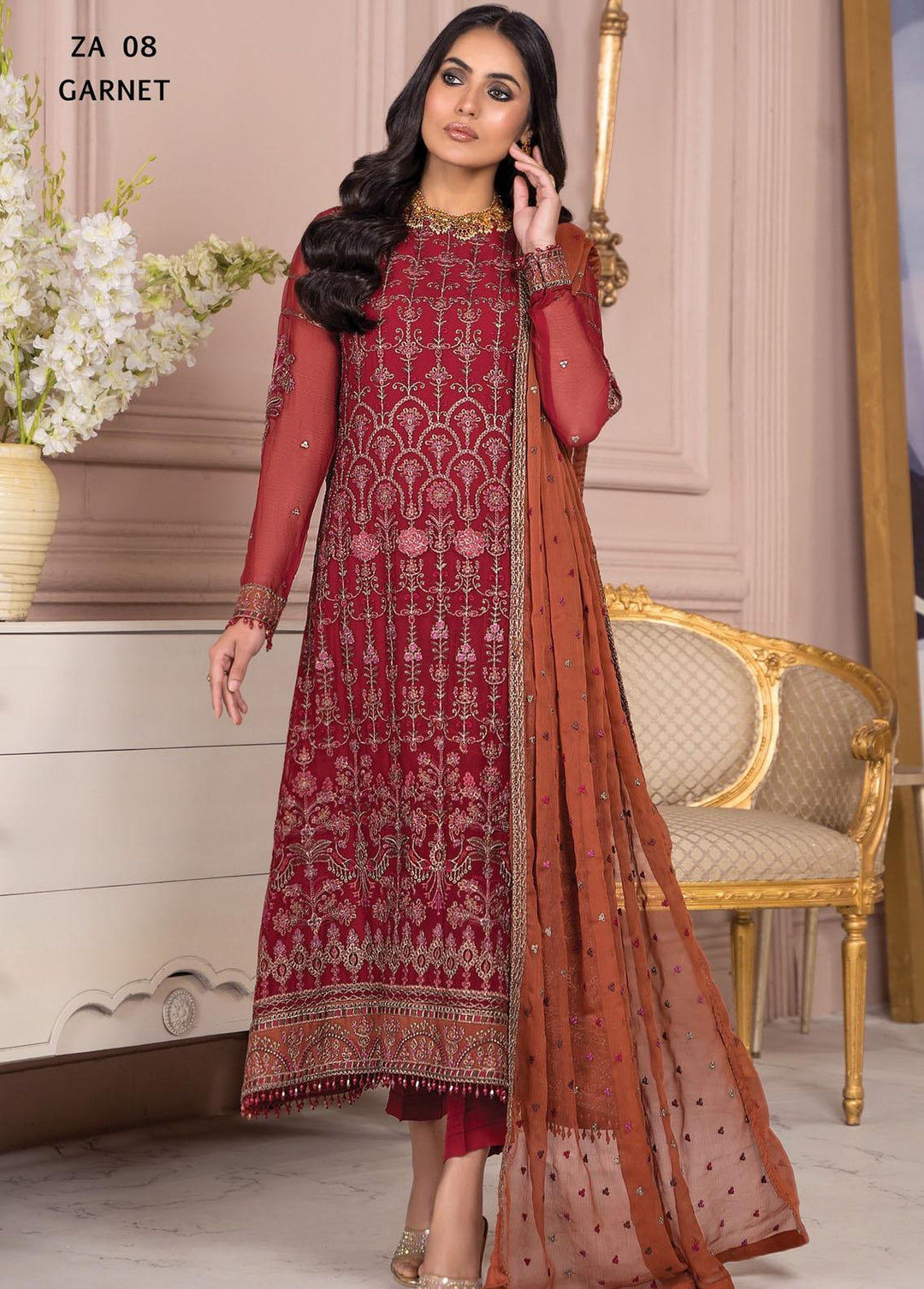 Afreen by Zarif Embroidered  Suits Unstitched 3 Piece ZF23A ZA-08 Garnet - Formal Collection
