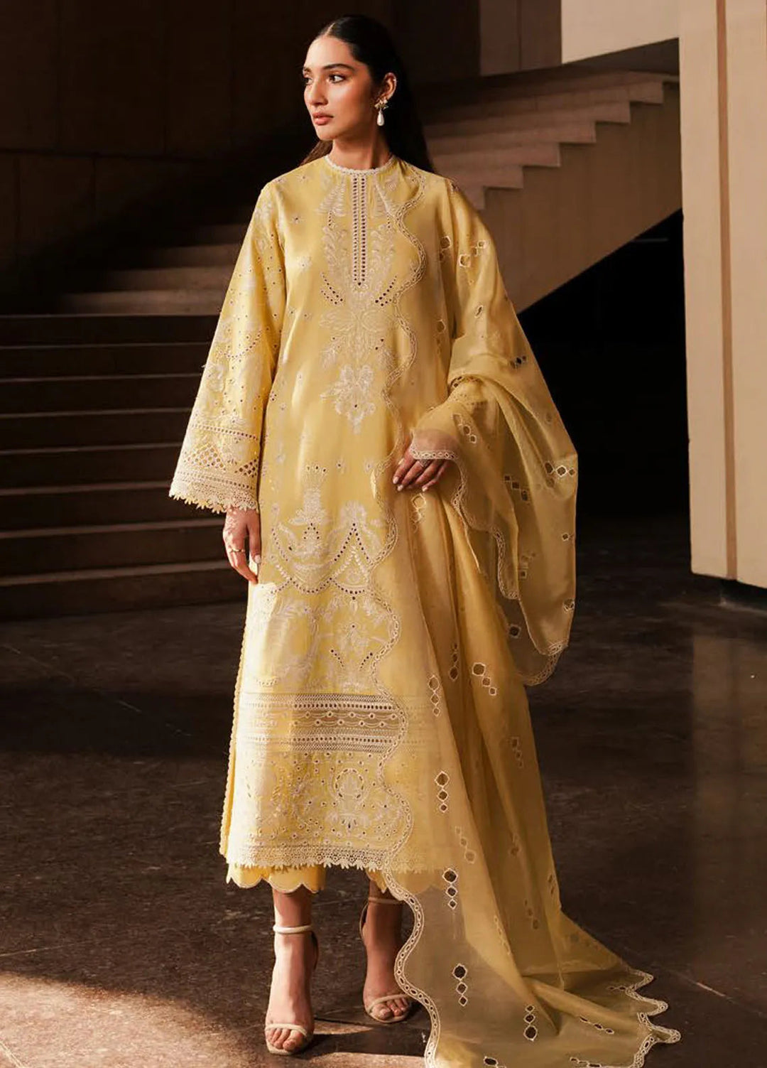 Afrozeh Chikankari Lawn Suit Unstitched 3 Piece AF24CL Canary - Festive Collection