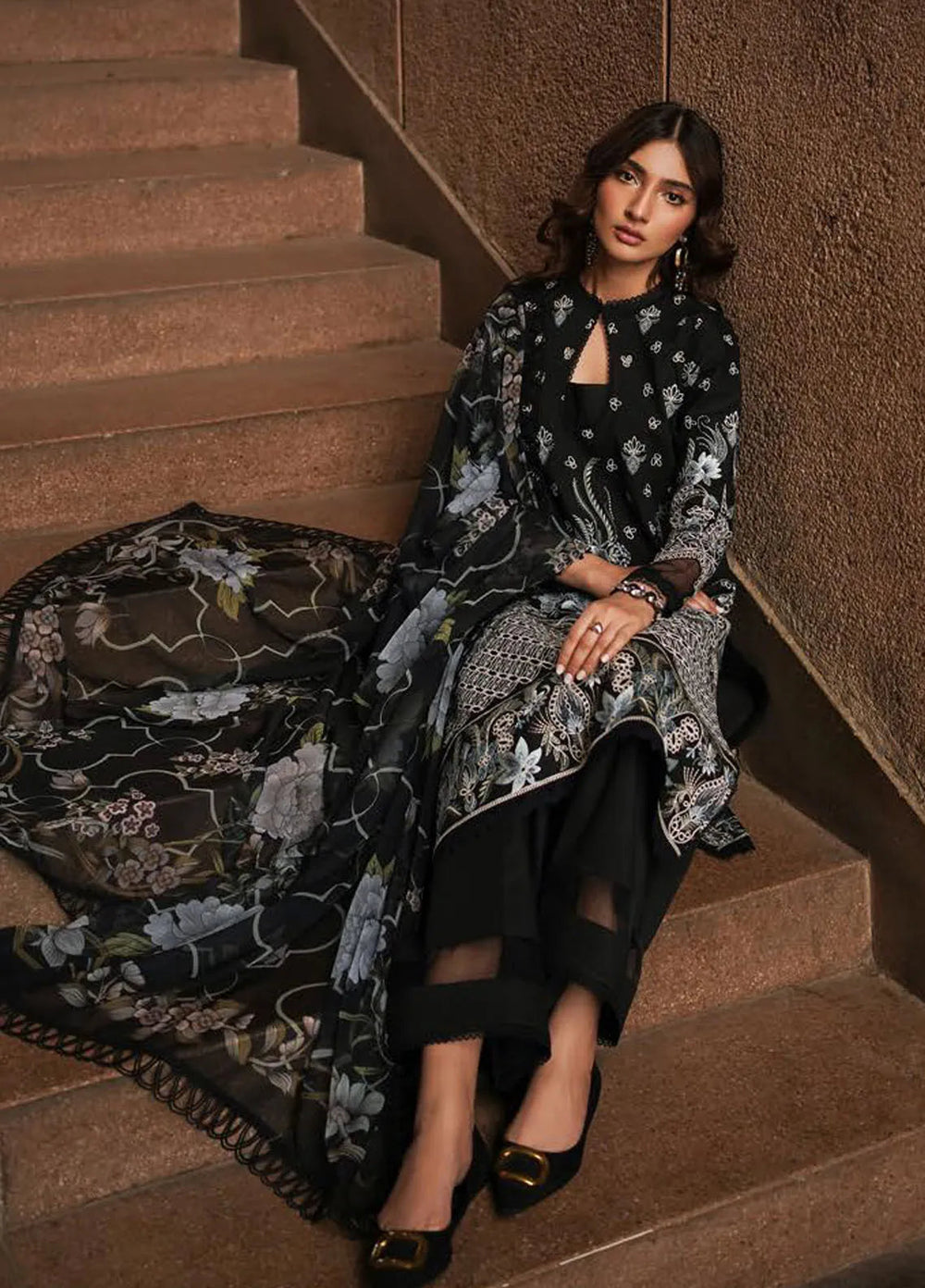 Afrozeh Chikankari Lawn Suit Unstitched 3 Piece AF24CL Caviar - Festive Collection