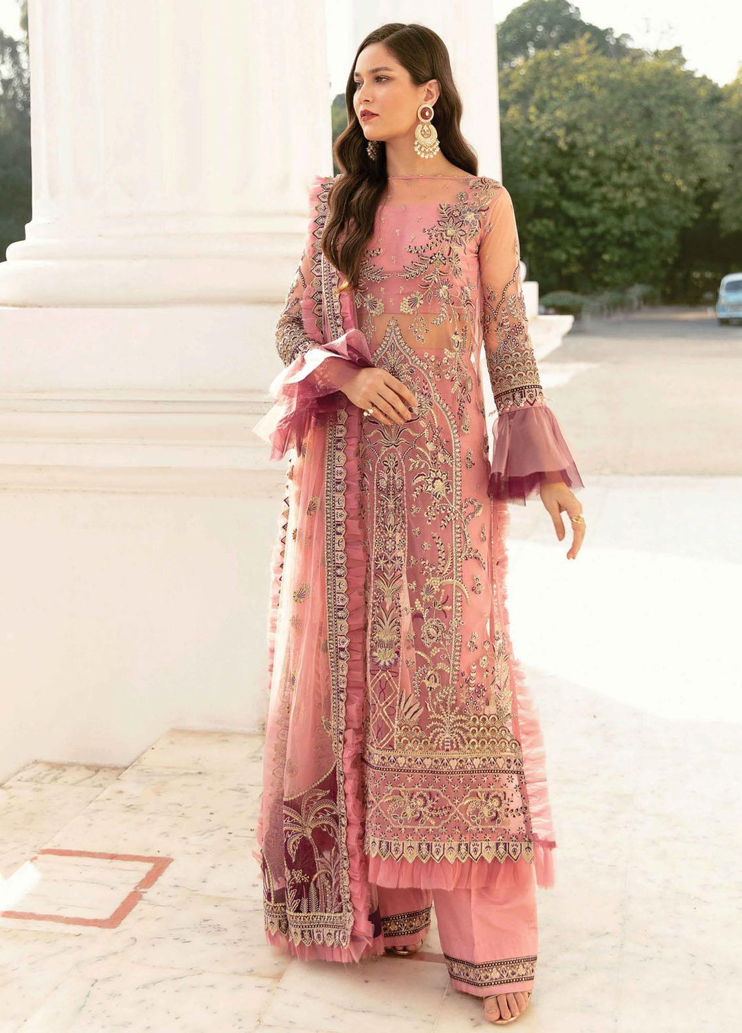 La Fuchsia By Afrozeh Embroidered Chiffon Suits Unstitched 3 Piece AF22LF Rose Shell Pink - Luxury Collection