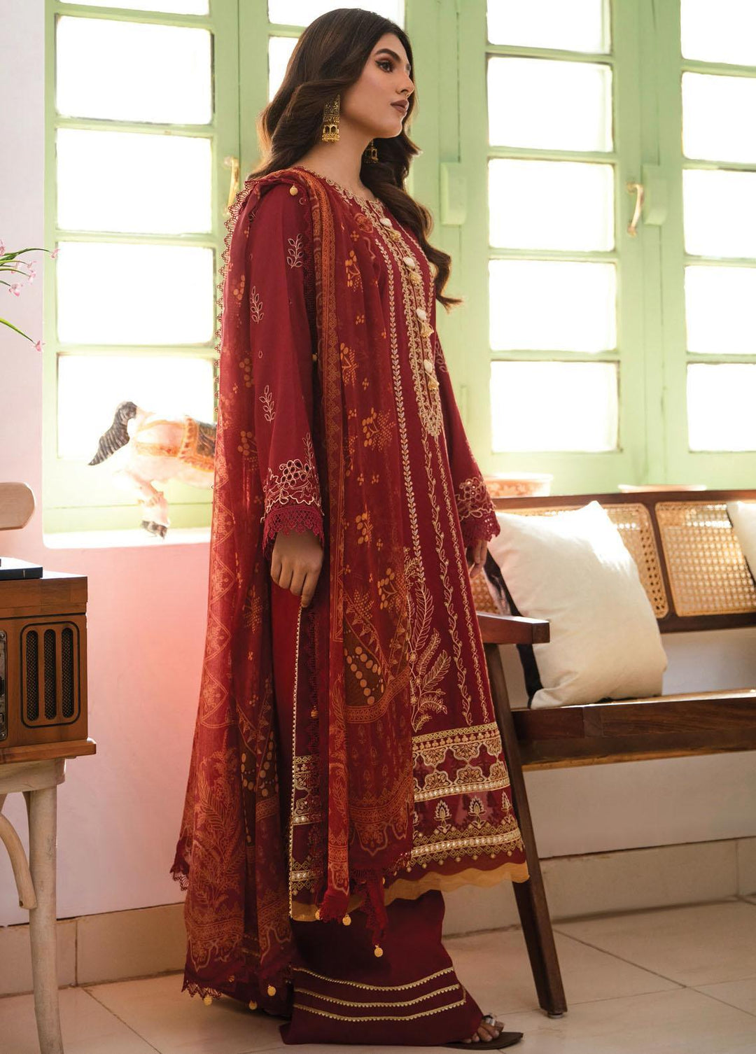 Afsaneh By Aabyaan Embroidered Lawn Suits Unstitched 3 Piece ABY23A AL-08 Qarmazi - Luxury Collection