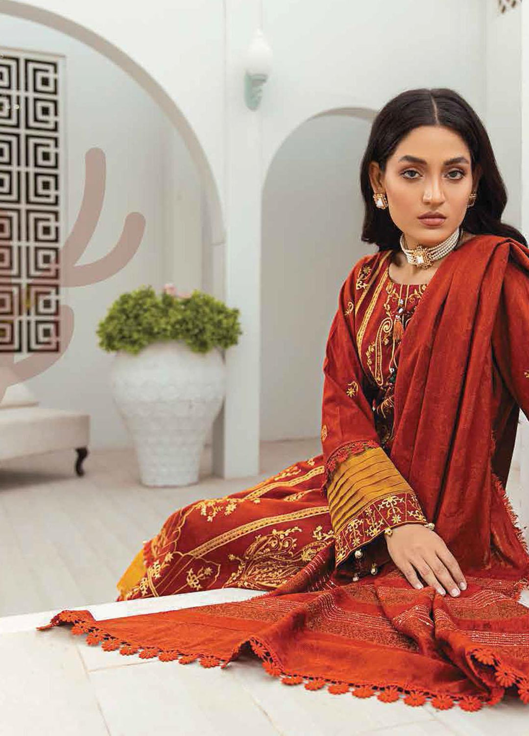 Afsaneh by Lala Textiles Embroidered Leather Peach Suits Unstitched 3 Piece LT22AFS Tangerine - Winter Collection