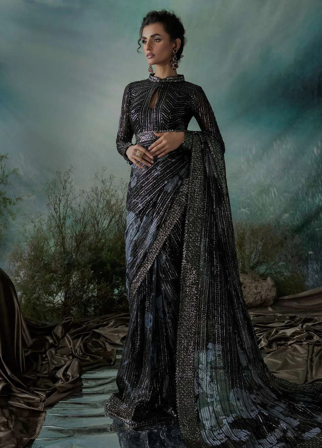 Aik Atelier Embroidered Chiffon Unstitched Saree D-08 - Festive Collection