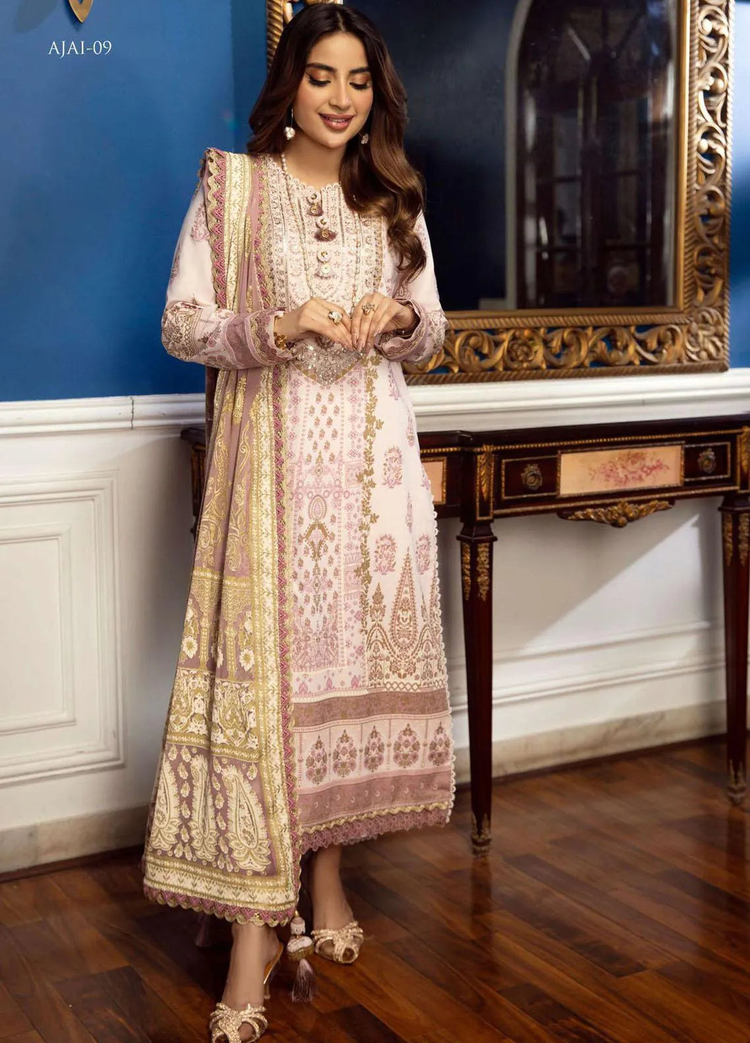 Aira By Asim Jofa Embroidered Cambric Unstitched Suit 2 Piece AJ23A AJAI-09 - Eid Collection