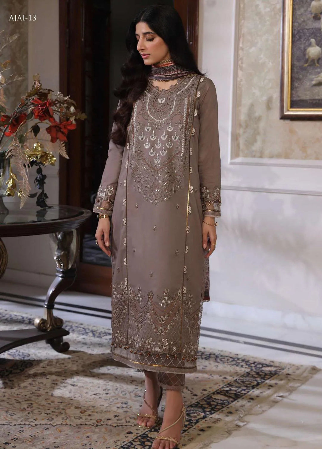 Aira By Asim Jofa Embroidered Cambric Unstitched Suit 3 Piece AJ23A AJAI-13 - Eid Collection