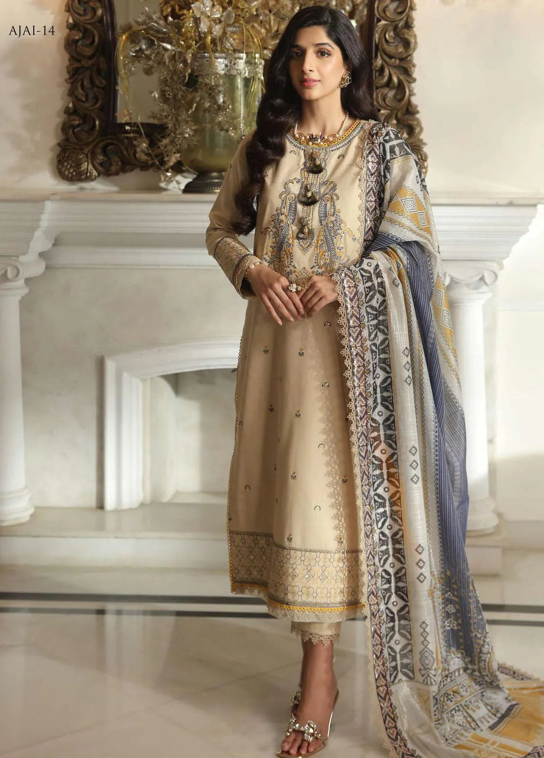 Aira By Asim Jofa Embroidered Cambric Unstitched Suit 3 Piece AJ23A AJAI-14 - Eid Collection