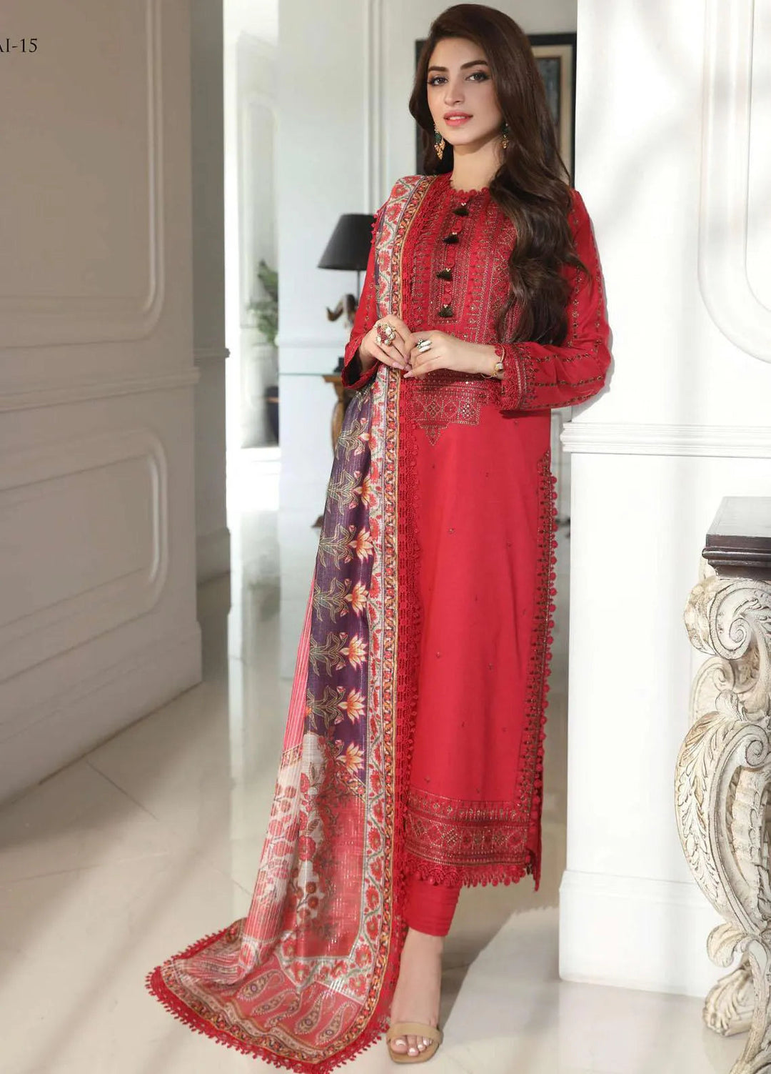 Aira By Asim Jofa Embroidered Cambric Unstitched Suit 3 Piece AJ23A AJAI-15 - Eid Collection