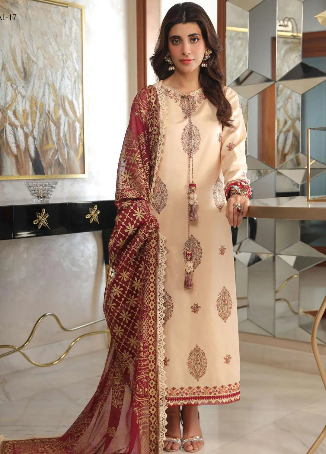Aira By Asim Jofa Embroidered Cambric Unstitched Suit 3 Piece AJ23A AJAI-17 - Eid Collection