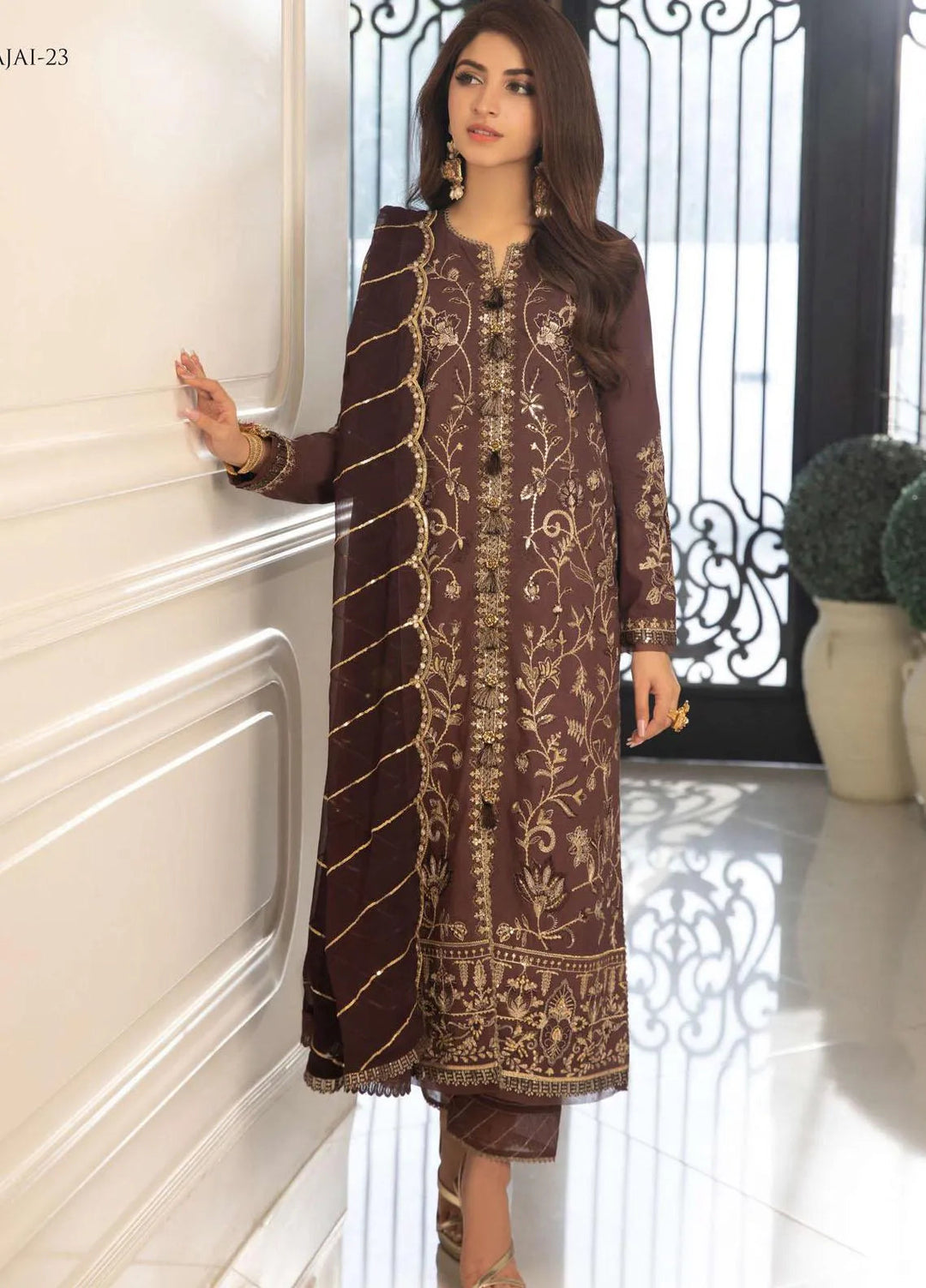 Aira By Asim Jofa Embroidered Cambric Unstitched Suit 3 Piece AJ23A AJAI-23 - Eid Collection