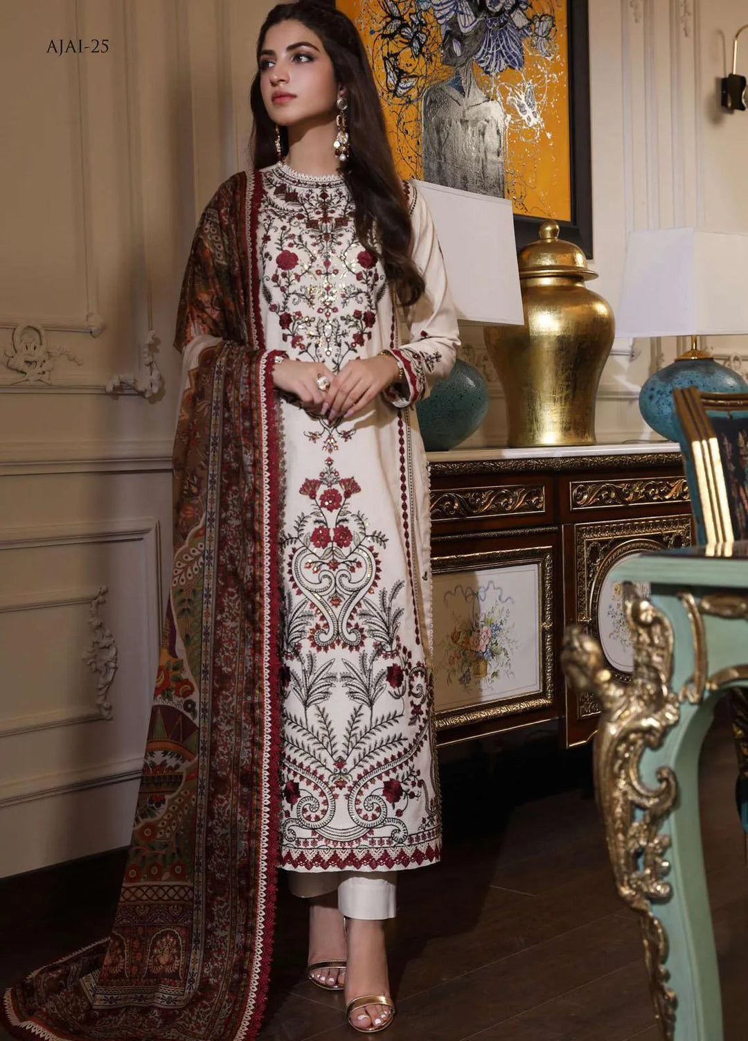 Aira By Asim Jofa Embroidered Cambric Unstitched Suit 3 Piece AJ23A AJAI-25 - Eid Collection