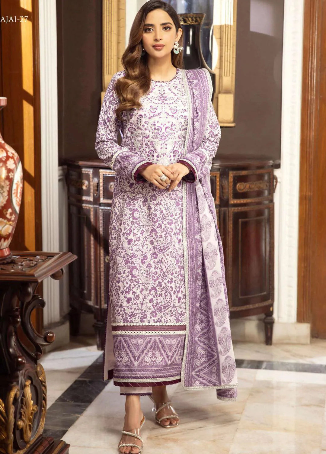 Aira By Asim Jofa Embroidered Cambric Unstitched Suit 3 Piece AJ23A AJAI-27 - Eid Collection