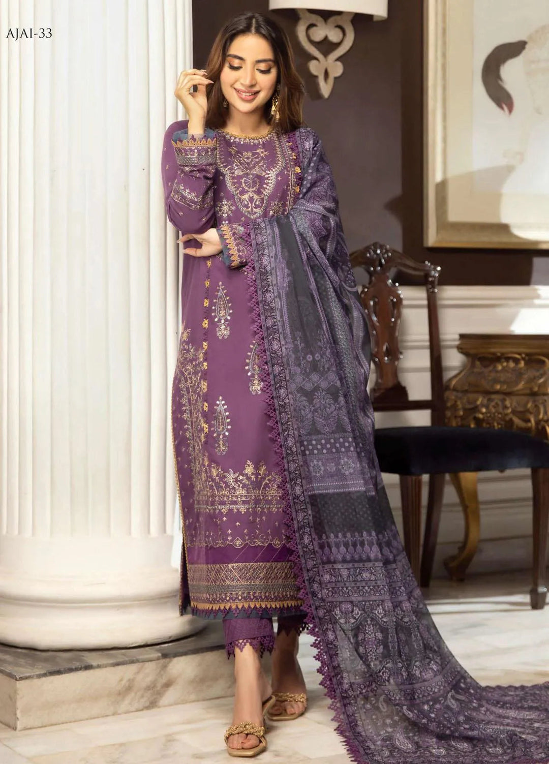 Aira By Asim Jofa Embroidered Cambric Unstitched Suit 3 Piece AJ23A AJAI-33 - Eid Collection