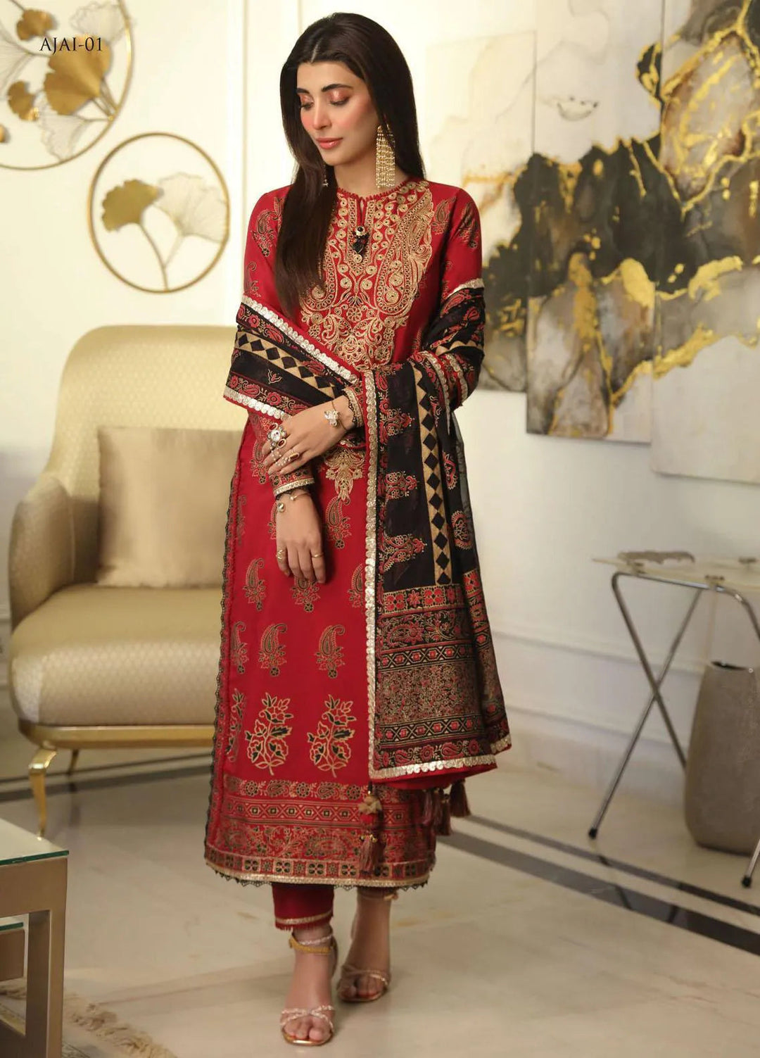 Aira By Asim Jofa Embroidered Cotton Silk Unstitched Suit 3 Piece AJ23A AJAI-01 - Eid Collection