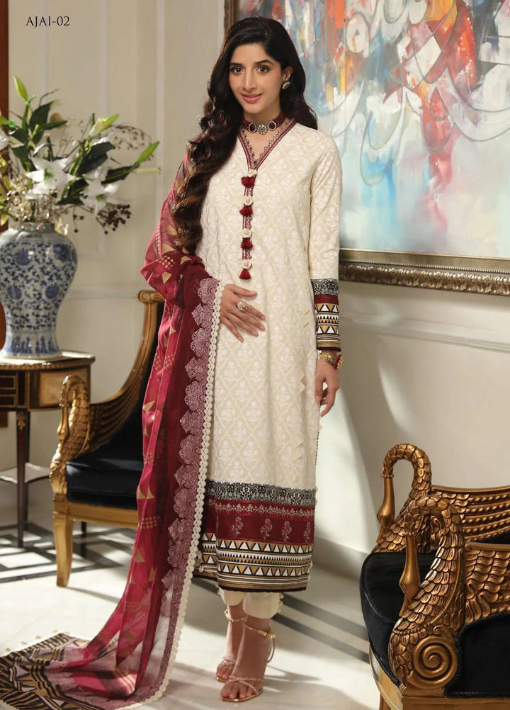 Aira By Asim Jofa Embroidered Cotton Silk Unstitched Suit 3 Piece AJ23A AJAI-02 - Eid Collection
