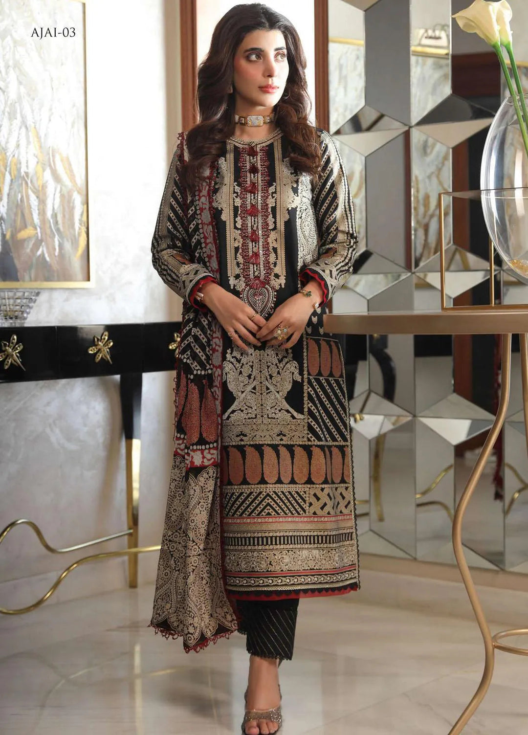 Aira By Asim Jofa Embroidered Cotton Silk Unstitched Suit 3 Piece AJ23A AJAI-03 - Eid Collection