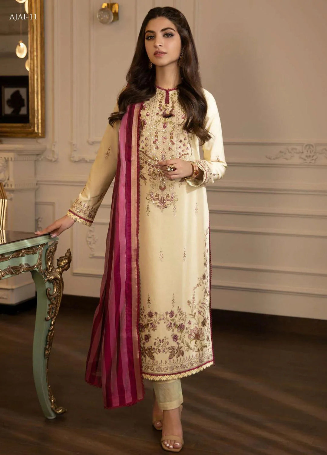 Aira By Asim Jofa Embroidered Lawn Unstitched Suit 3 Piece AJ23A AJAI-11 - Eid Collection