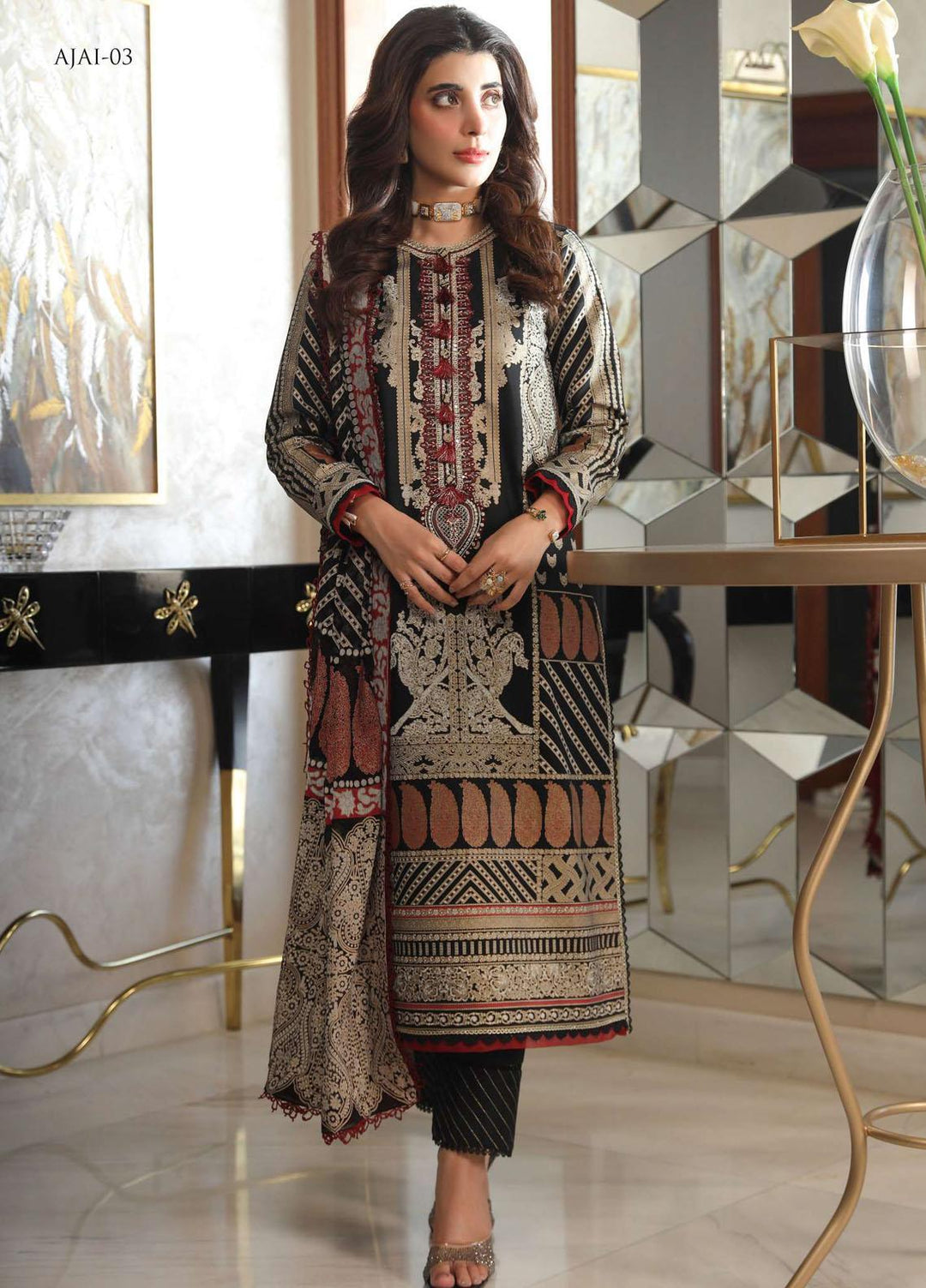Aira By Asim Jofa Embroidered Cotton Silk Suits Unstitched 3 Piece AJ23A AJAI-03 - Eid Collection