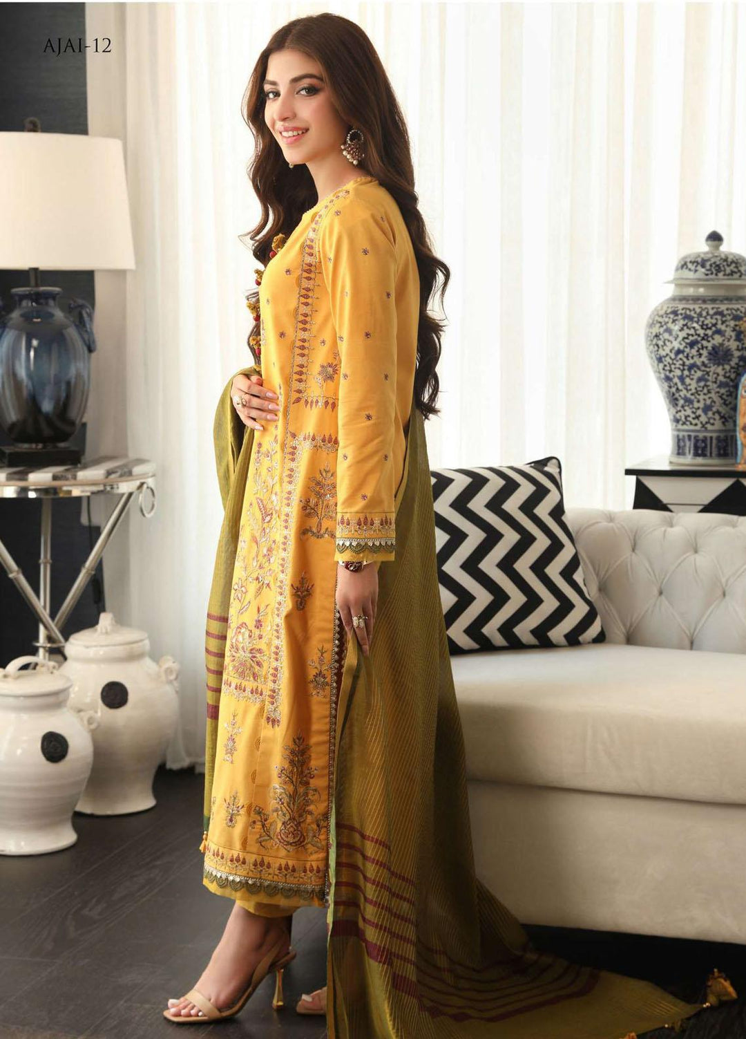 Aira By Asim Jofa Embroidered Lawn Suits Unstitched 3 Piece AJ23A AJAI-12 - Eid Collection