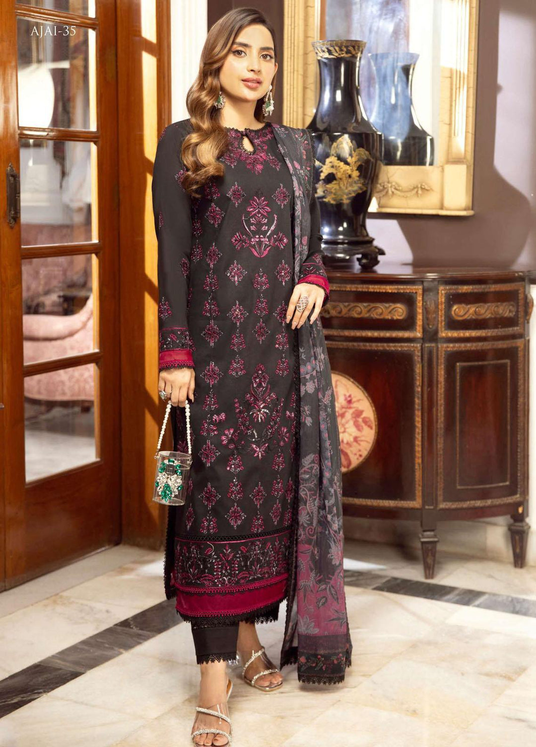 Aira By Asim Jofa Embroidered Cambric Suits Unstitched 2 Piece AJ23A AJAI-35 - Eid Collection